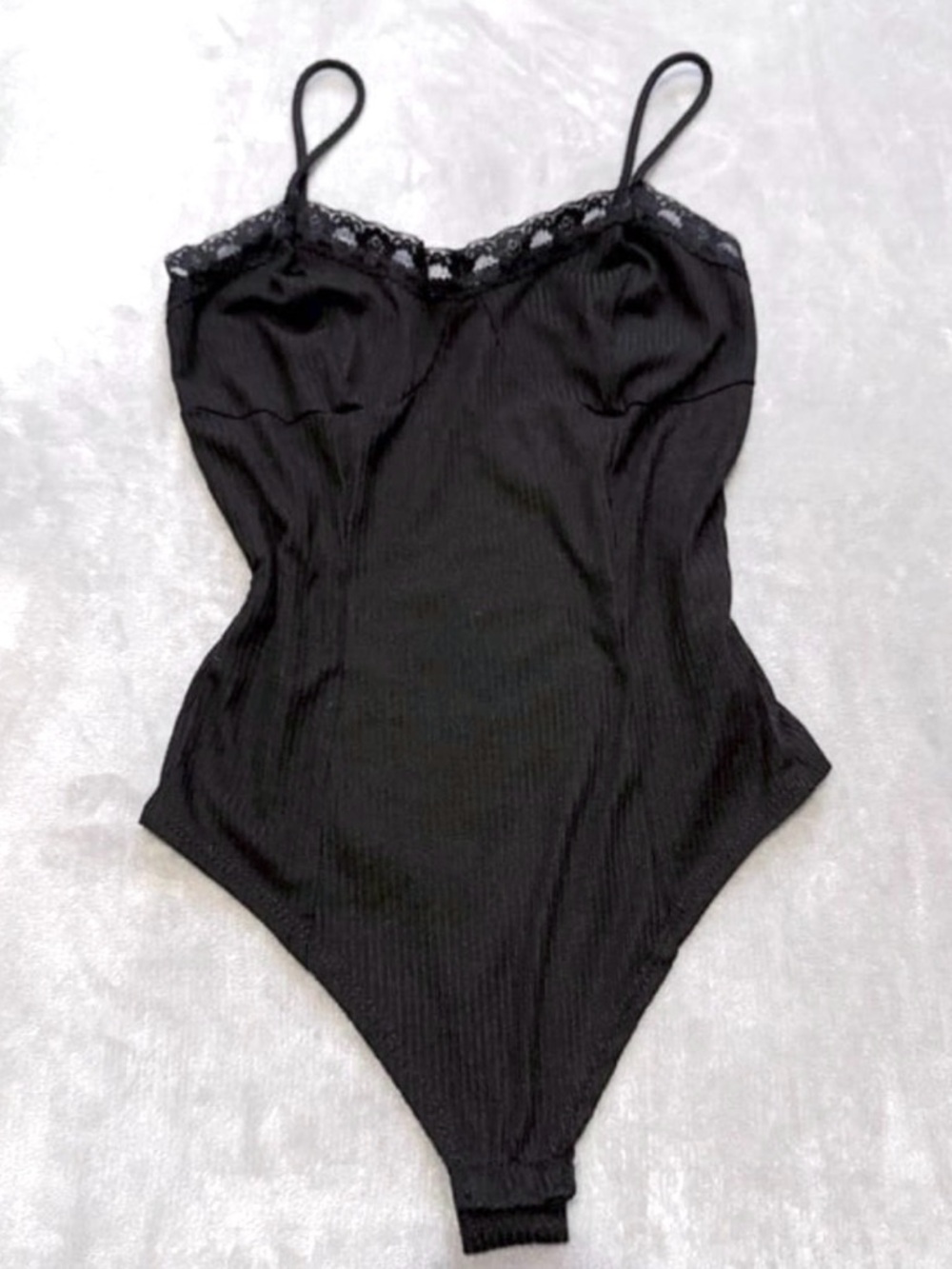 Gaze Black Lace Trim Bodysuit Ribbed Y2K Minimalist Aesthetic Size S